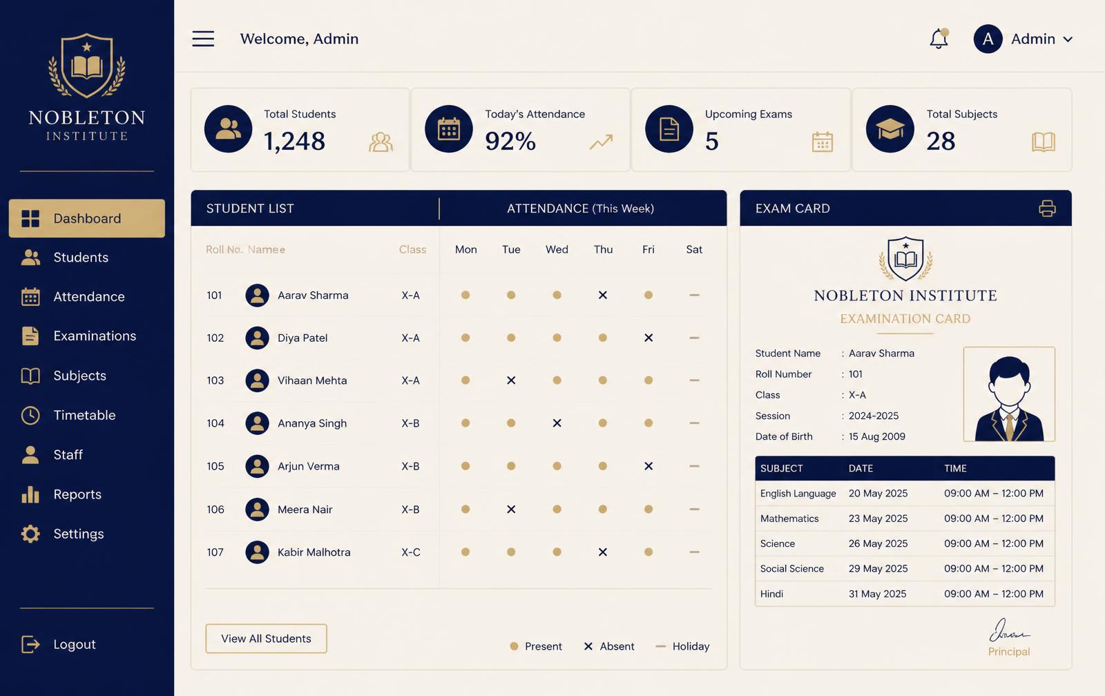 EduSystem admin dashboard with student list, weekly attendance grid and exam card